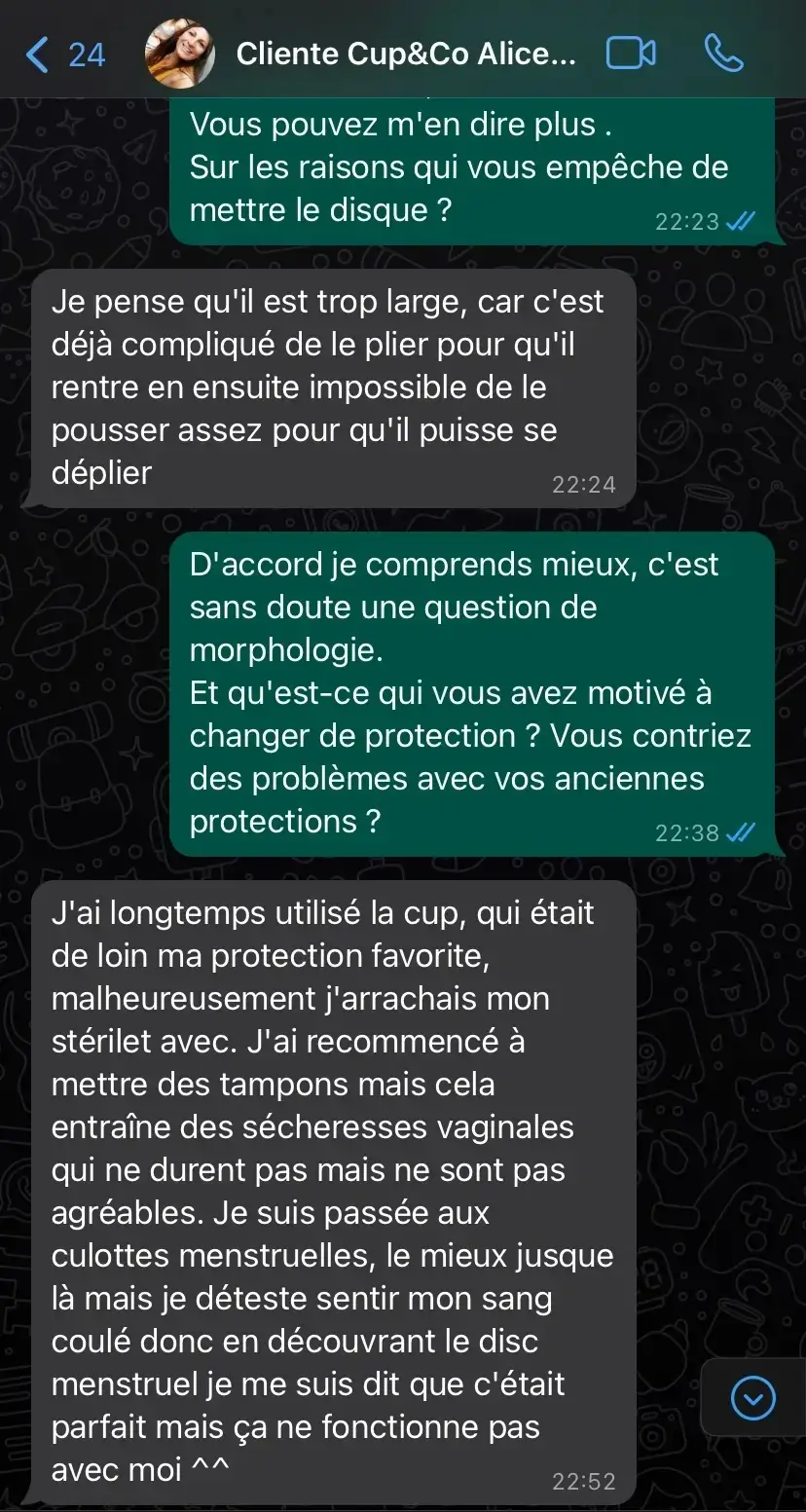Message d'Alice sur le disque menstruel avant